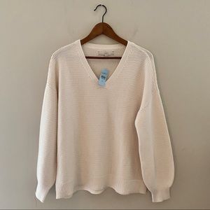 LOFT chunky cotton ribbed knit v-neck sweater. NWT Cream/Winter White. LP